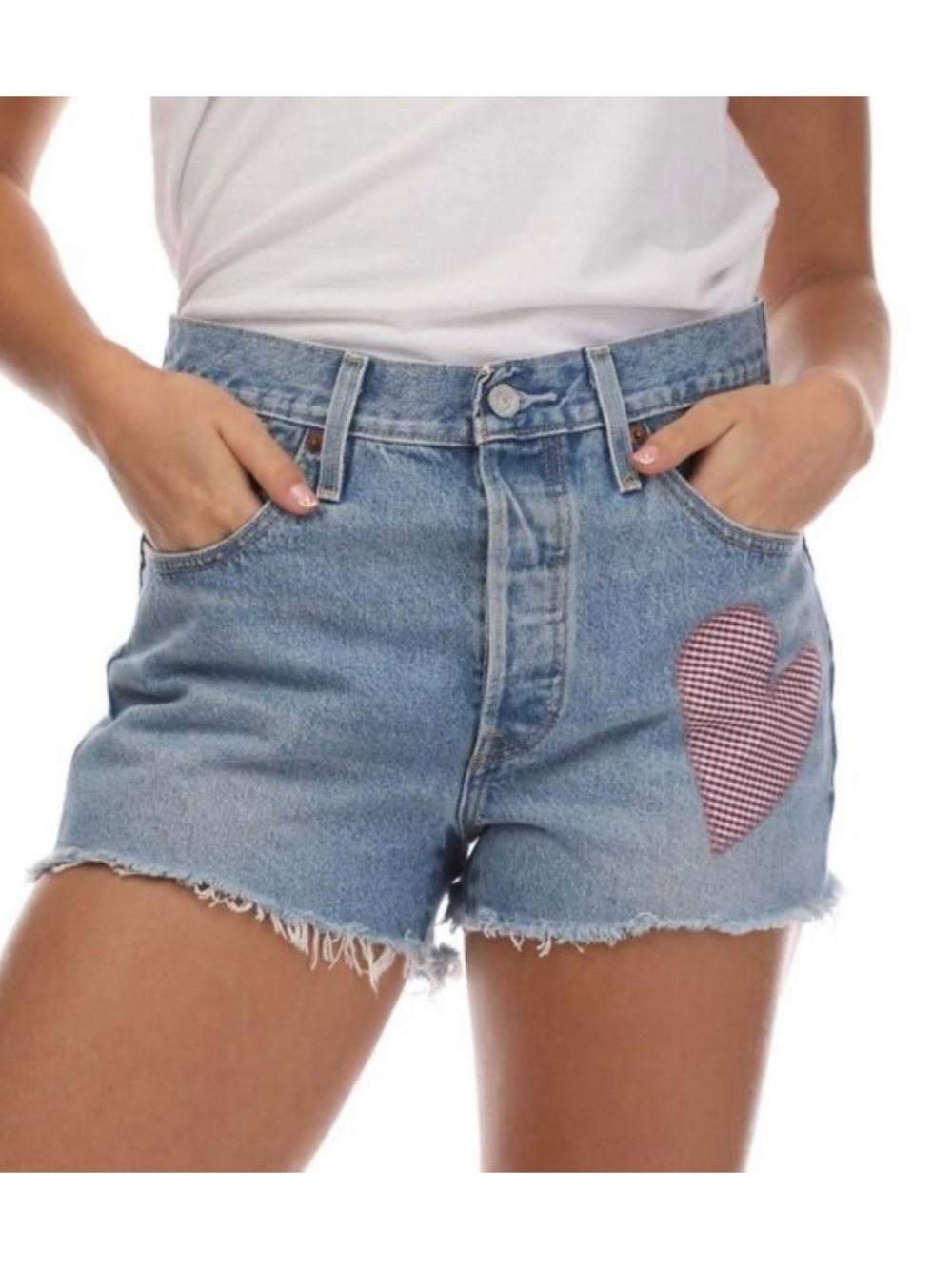 Levi's Anniversary Edition Light Blue Denim Cutoff Shorts with Red Gingham Heart